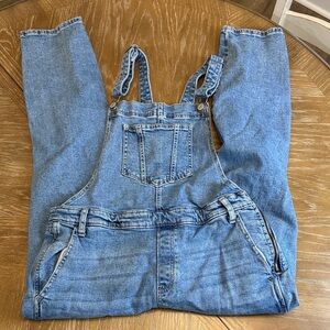 Old Navy Classic Blue Denim Jean overalls with distressed knees